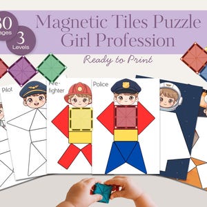 May include: Printable magnetic tile puzzles for girls, featuring professions like doctor, pilot, firefighter, and police officer. The image shows the puzzles ready to print, with 30 pages and 3 levels. The puzzles are designed for educational play.