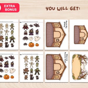 May include: A printable activity set featuring eight pages of Halloween-themed cutouts and matching boards. The sheets include illustrations of mummies, vampires, witches, spiders, ghosts, and pumpkins, alongside house-shaped boards with text.