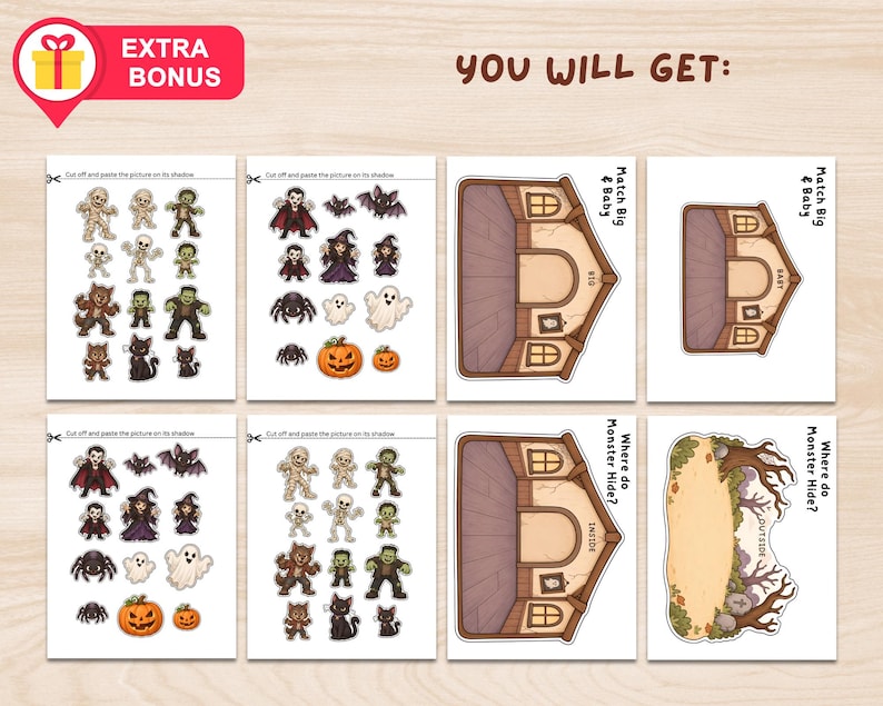 May include: A printable activity set featuring eight pages of Halloween-themed cutouts and matching boards. The sheets include illustrations of mummies, vampires, witches, spiders, ghosts, and pumpkins, alongside house-shaped boards with text.