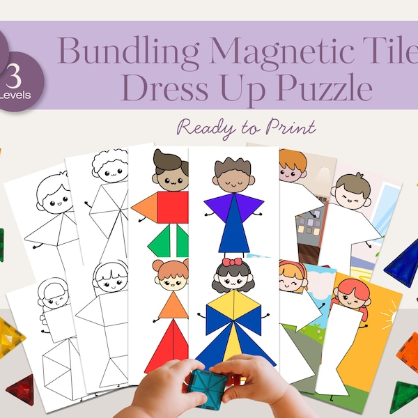 Gioco di vestire con tessere magnetiche: puzzle di Tangram, attività di forme matematiche (PDF 66 pagine)