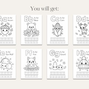 May include: A set of black and white alphabet illustrations with autumn themes. Each card shows a letter with a related word, such as "Acorn" and "Bear." There are tracing lines for handwriting practice. The text "You will get:" is at the top of the image.