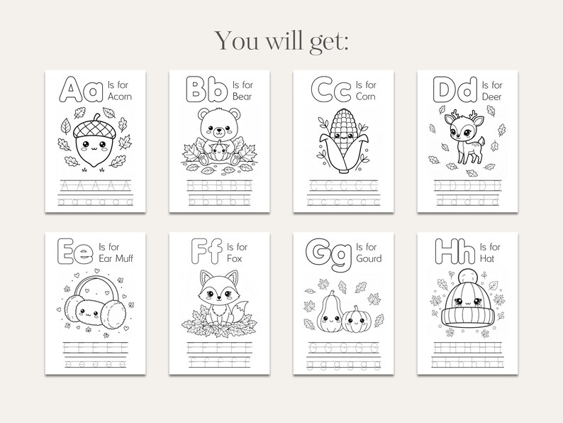 May include: A set of black and white alphabet illustrations with autumn themes. Each card shows a letter with a related word, such as "Acorn" and "Bear." There are tracing lines for handwriting practice. The text "You will get:" is at the top of the image.