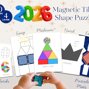 2026 New Year Magnetic Tiles Shape Puzzle | Montessori Fine Motor Activity | Preschool & Kindergarten STEM Printable | Homeschool Resources