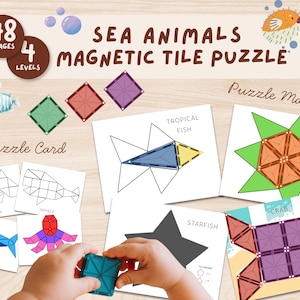 May include: Sea Animals Magnetic Tile Puzzle with 48 images and 4 levels. The puzzle includes puzzle cards and puzzle mats. The puzzle cards feature outlines of sea creatures like dolphins, whales, and sharks. The puzzle mats show tropical fish, sea turtles, starfish, and crabs.