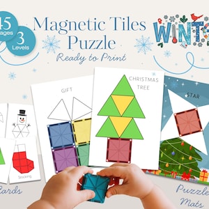 May include: A set of magnetic tile puzzles with winter-themed images. The set includes 45 images across 3 levels, with puzzle mats and cards featuring designs like a Christmas tree, star, and gift. The words "Magnetic Tiles Puzzle" and "Winter" are displayed.