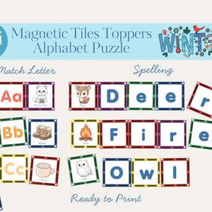 May include: An alphabet puzzle with magnetic tiles. The image displays tiles with letters, matching images, and spelling words such as "Deer" and "Fire". The text "104 Stickers" and "Winter" are also visible.