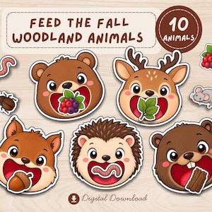 Puede incluir: Un conjunto de descarga digital titulado FEED THE FALL WOODLAND ANIMALS con 10 animales. La imagen muestra cabezas de dibujos animados de un oso, ciervo, ardilla, erizo y castor comiendo bayas, hojas, una bellota, un gusano y madera.