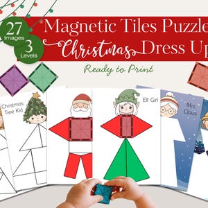 May include: A Christmas-themed magnetic tiles puzzle set with 27 images and 3 levels. The set includes illustrations of Christmas characters like Santa, elves, and Mrs. Claus. The words "Magnetic Tiles Puzzle Christmas Dress Up" are displayed.