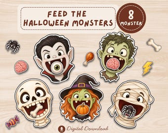 May include: A set of cartoon Halloween monster illustrations featuring a vampire, zombie, skeleton, witch, and mummy with open mouths. Includes small food and object icons like a brain, pumpkin, spider, bone, and lightning bolt. Text reads FEED THE HALLOWEEN MONSTERS, 8 MONSTER, and Digital Download.