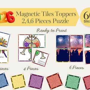 May include: A collection of magnetic tile toppers for a puzzle, featuring images of fireworks, champagne glasses, and a sparkler. The set includes 2, 4, and 6-piece puzzles, with the year 2026 displayed. A sticker with the number 60 is also included.