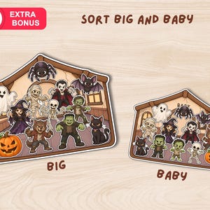 May include: Two house-shaped sorting boards labeled BIG and BABY, featuring cartoon Halloween characters including a ghost, mummy, vampire, spider, bat, witch, werewolf, skeleton, zombie, Frankenstein's monster, black cat, and pumpkin.