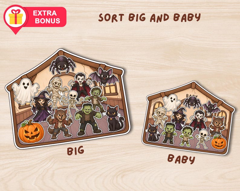 May include: Two house-shaped sorting boards labeled BIG and BABY, featuring cartoon Halloween characters including a ghost, mummy, vampire, spider, bat, witch, werewolf, skeleton, zombie, Frankenstein's monster, black cat, and pumpkin.