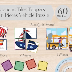 May include: A wooden surface displays a vehicle puzzle set with magnetic tiles. The set includes 2, 4, and 6-piece puzzles featuring a hot air balloon, boat, and school bus. The image also shows a sticker with the number 60.