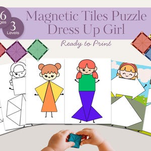 Könnte beinhalten: Ein Kinderpuzzleset mit dem Text "Magnetic Tiles Puzzle Dress Up Girl". Das Set enthält 36 Seiten und 3 Level. Das Bild zeigt die Hände eines Kindes, das eine blaue Magnetfliese hält.