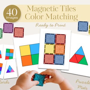 May include: A collection of magnetic tiles color matching educational materials. The image shows cards and puzzle mats with colorful geometric shapes. The text reads "Magnetic Tiles Color Matching" and "Ready to Print". A child's hands are holding a blue magnetic tile.