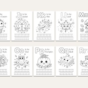 May include: Black and white illustrations of alphabet flashcards. Each card displays a letter and a related image, like "I is for Ice Cream" and "J is for Jacket". The cards also have lines for tracing the letters.