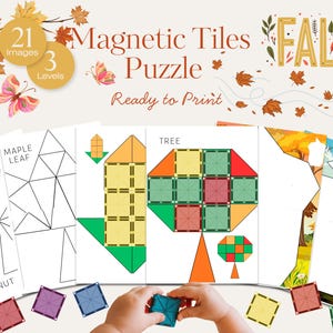 May include: A magnetic tiles puzzle set with the word "FALL" in gold. The set includes 21 images and 3 levels. The image shows a child's hands playing with the tiles, and the words "Magnetic Tiles Puzzle Ready to Print" are visible.