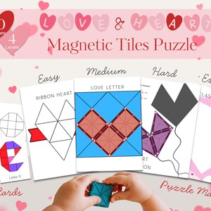Pode incluir: Um conjunto de quebra-cabeças de azulejos magnéticos com as palavras "LOVE & HEART" e "Magnetic Tiles Puzzle". O conjunto inclui 60 imagens e 4 níveis. Os tapetes de quebra-cabeça apresentam desenhos de coração e as palavras "Cards" e "Puzzle Mats".