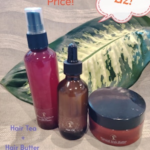 May include: A special bundle of hair care products for £12. The bundle includes a bottle of hair tea, a jar of hair butter, and a bottle of hair oil.