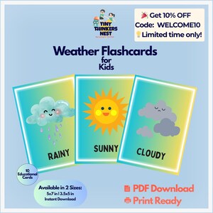 Weather Flashcards for Kids - 10 Printable Cards - Preschool and Toddler PDF