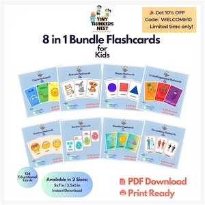 Flashcards-bundel voor kinderen - 8 afdrukbare leersets - pdf-bestand met 130+ educatieve kaarten