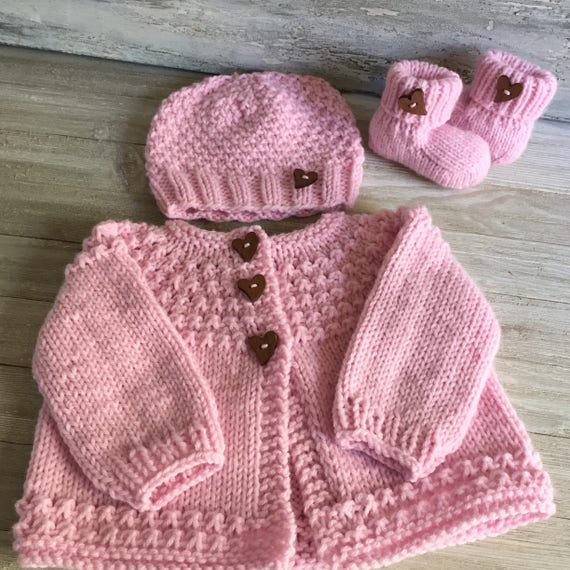 Hand Knitted Baby Sweater 3 Piece Set Knitted Baby Sweater Etsy
