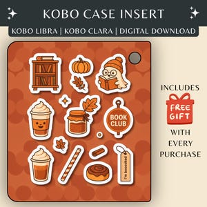 Puede incluir: Un inserto para funda Kobo de descarga digital con pegatinas de temática otoñal que incluyen una estantería, calabaza, fantasma leyendo, tazas de café, un tarro, un cartel de club de lectura, un rollo de canela y una etiqueta con el texto I'm boooked.