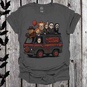 Camiseta Spooky Mystery Machine - Camiseta unissex de Halloween, camiseta de vilões de filmes de terror, ótimo presente de Halloween