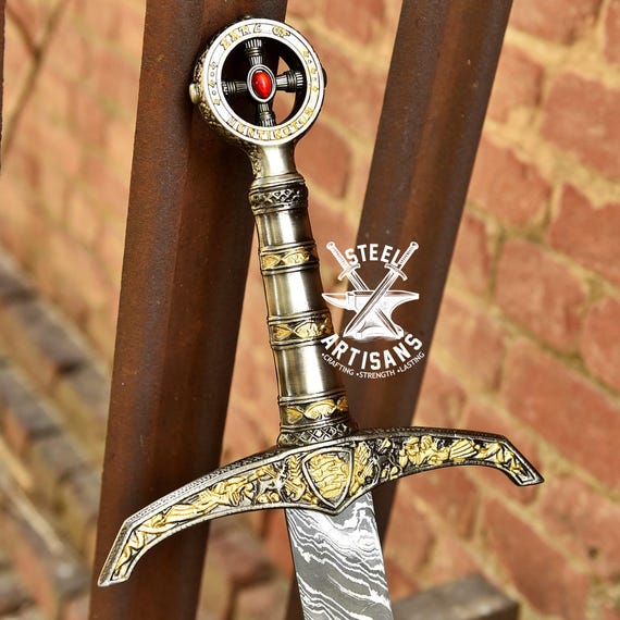 ROBIN HOOD SWORD Damascus Steel Personalized Knight Templar Swords Crusader sword W Leather Sheath Legendary sword Anniversary Gift for him