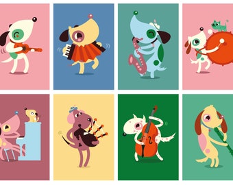 12 ART prints, music dogs