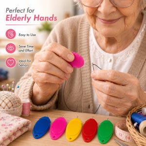 May include: A set of oval-shaped plastic needle threaders in blue, pink, yellow, red, and green. The text on the image reads: Perfect for Elderly Hands, Easy to Use, Save Time and Effort, Ideal for Seniors. Each tool features a small metal wire loop.