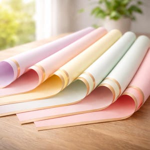 May include: A collection of pastel-colored wrapping paper rolls. Each roll is a different color, including pink, yellow, and green, with a gold stripe near the edge. The paper is partially unrolled, revealing the underside of each sheet.