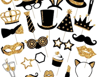 24 Piece Photo Booth Props | Gold Glitter Party Decorations