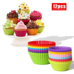 12pcs Silicone Muffin Cupcake Mold | Epoxy Resin Mould | Colorful Muffin Baking Cups | Reusable Round Tart Top Pudding Cupcake Moulds