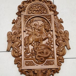 Saint George Icon picture carved on wood – Carved Christian Wall Art – St. George Religious Decor – Catholic Gift for Men & Women