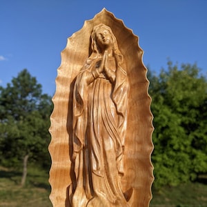 Carved Virgin Mary Statue – Virgen de Guadalupe – Wooden Religious Sculpture – Catholic Home Decor – Spiritual Gift