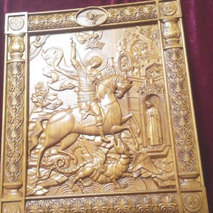 Saint George Icon picture carved on wood – Carved Christian Wall Art – St. George Religious Decor – Catholic Gift for Men & Women