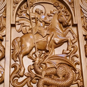 Wall icon Saint George Icon picture carved on wood – Carved Christian Wall Art – St. George Religious Decor – Catholic Gift for Men & Women