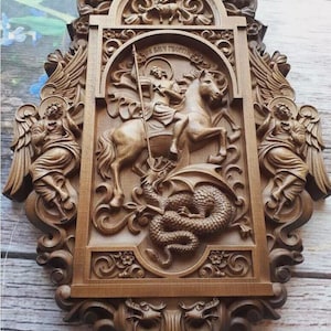 Saint George Icon picture carved on wood – Carved Christian Wall Art – St. George Religious Decor – Catholic Gift for Men & Women