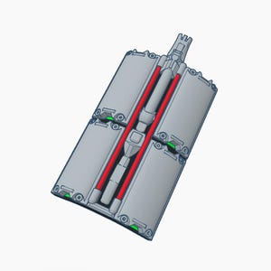 May include: A rectangular grey mechanical device featuring four large panels, a central rod assembly, and two parallel red accents. The structure includes small green light indicators at the corners and a protruding connector at the top end.