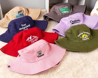 Chapéu de balde bordado personalizado, chapéu de caminhada personalizado, chapéu com logotipo de texto personalizado, chapéu de pesca ao ar livre, chapéu de sol, chapéu de acampamento, chapéu de verão, chapéu de viagem