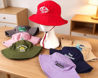 Chapéu de caminhada personalizado bordado, chapéu personalizado, chapéu de balde com logotipo e texto personalizado, chapéu de pesca ao ar livre, chapéu de sol, chapéu de acampamento, chapéu de verão, chapéu de viagem