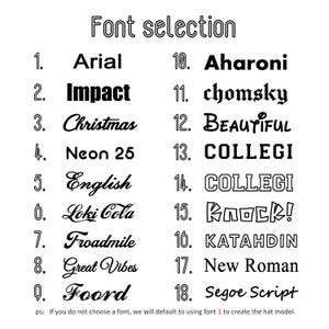 Op de afbeelding: Een witte afbeelding met de tekst "Font selection" bovenaan, gevolgd door een genummerde lijst met 18 lettertype-opties. Elke lettertypenaam wordt weergegeven in zijn respectievelijke stijl, waaronder Arial, Impact, Christmas en Neon 25.