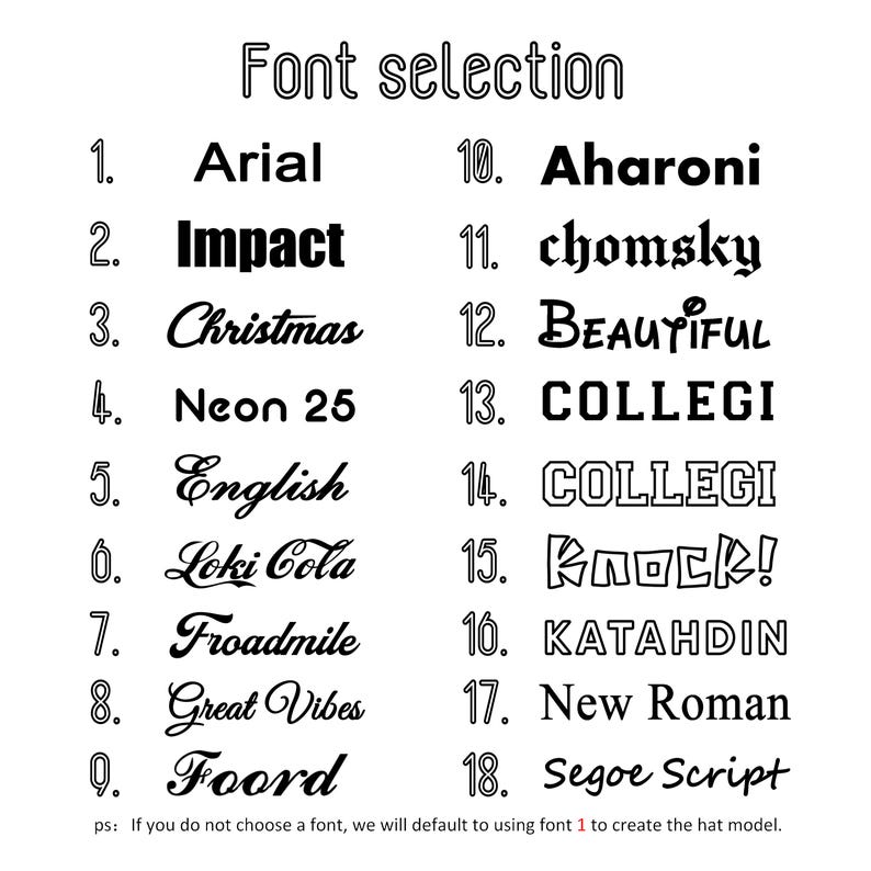 Op de afbeelding: Een witte afbeelding met de tekst "Font selection" bovenaan, gevolgd door een genummerde lijst met 18 lettertype-opties. Elke lettertypenaam wordt weergegeven in zijn respectievelijke stijl, waaronder Arial, Impact, Christmas en Neon 25.