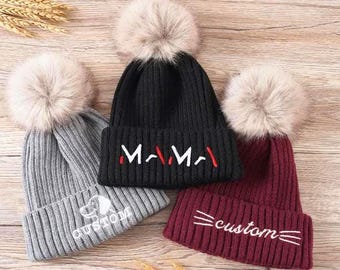 Custom logo/text warm hat,Toddler Pompom Hat,Beanie Hat,Family custom knit hat,personalized winter hats,Custom embroidered knitted hats