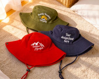 Chapéu de balde bordado personalizado, chapéu personalizado, chapéu com logotipo e texto personalizado, chapéu para pesca e caminhada ao ar livre, chapéu de sol, chapéu de acampamento, chapéu de verão, chapéu de viagem