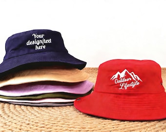 Personalisierter gestickter Eimer-Hut, benutzerdefiniertes Text-Logo, Wandern, Angeln, Sonnenhut