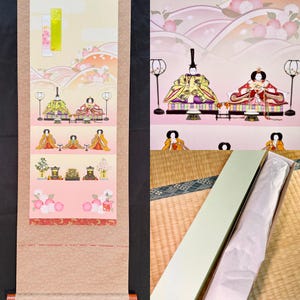 Japanese Hina Matsuri Hanging Scroll by Ito Kojun, Doll Festival Kakejiku, Hand-Painted Silk Scroll with Paper Box