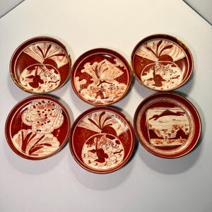 Antique Japanese Kutani Small Plates Set of 6, Red and White Akae Porcelain, Kintsugi Repair, Vintage Japanese Ceramics