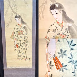 Japanese Bijin-ga Hanging Scroll by Gyokujo, Kimono Beauty under Willow Tree, Original Painting on Silk Kakejiku